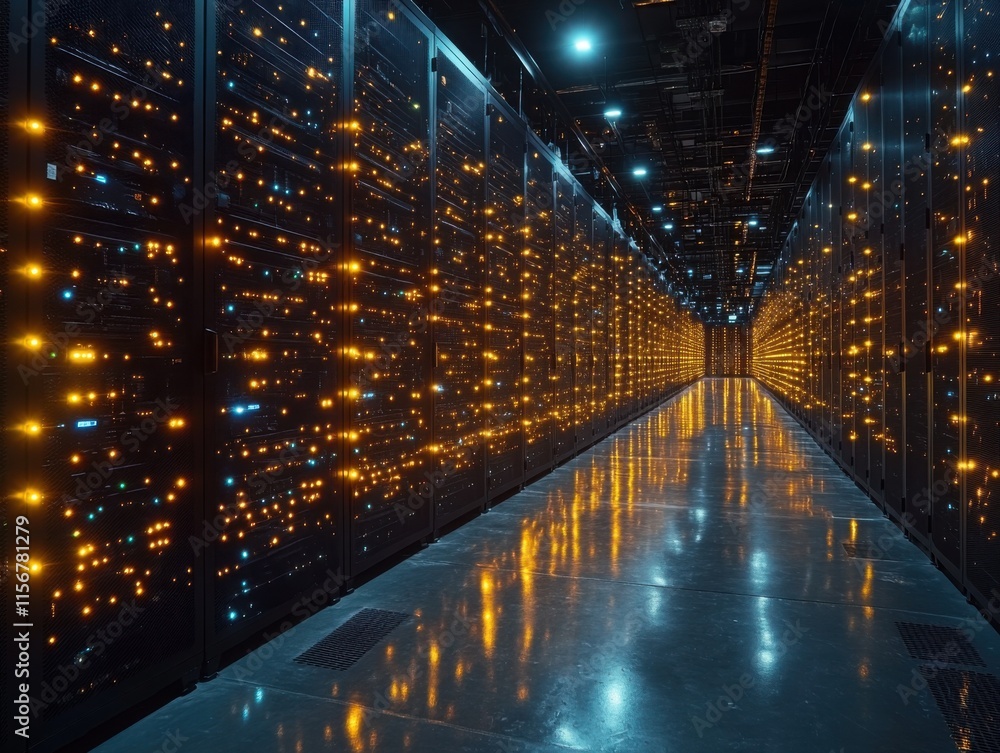 A futuristic data center hallway with illuminated servers, reflecting a network of interconnected technology glowing with bright orange and blue lights. A futuristic data center hallway with illuminated servers, reflecting a network of interconnected technology glowing with bright orange and blue lights.