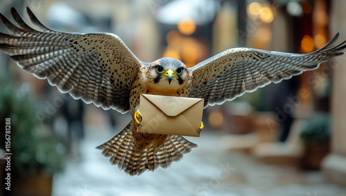 A bird is flying with an envelope in its talons. The bird is carrying the envelope as if it were a human