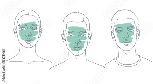 Single Line Portraits with Artistic Aqua Highlights on White Background.