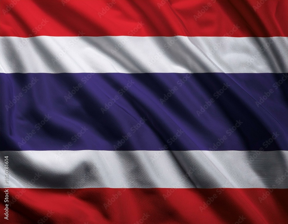 Naklejka premium A flag of Thailand is flying in the sky. The flag is red, white, and blue