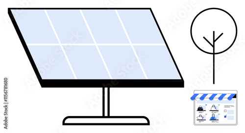 Solar panel angled towards sky, minimalistic tree, storefront with awning. Ideal for renewable energy, eco-friendly living, green technology, sustainable retail, environmental conservation, clean