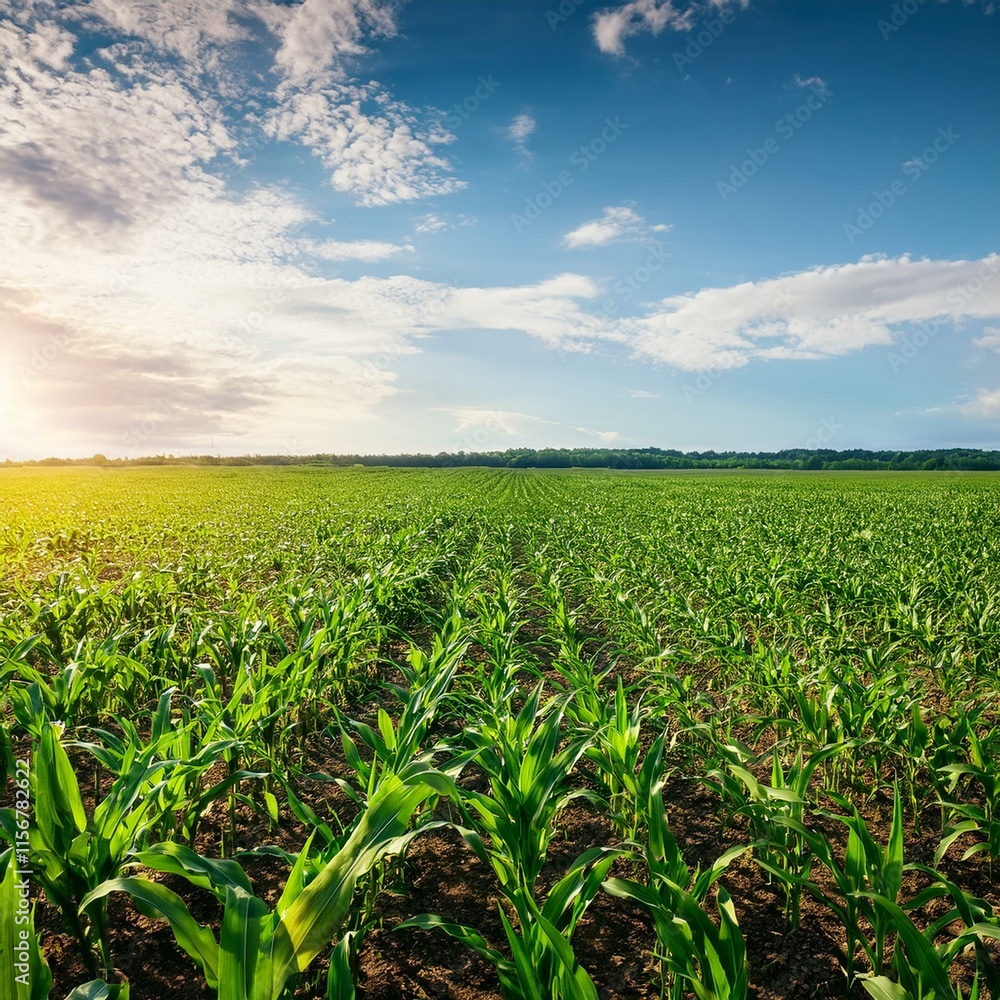 Green corn maize plants on a field. Agricultural landscape Green corn maize plants on a field. Agricultural landscape