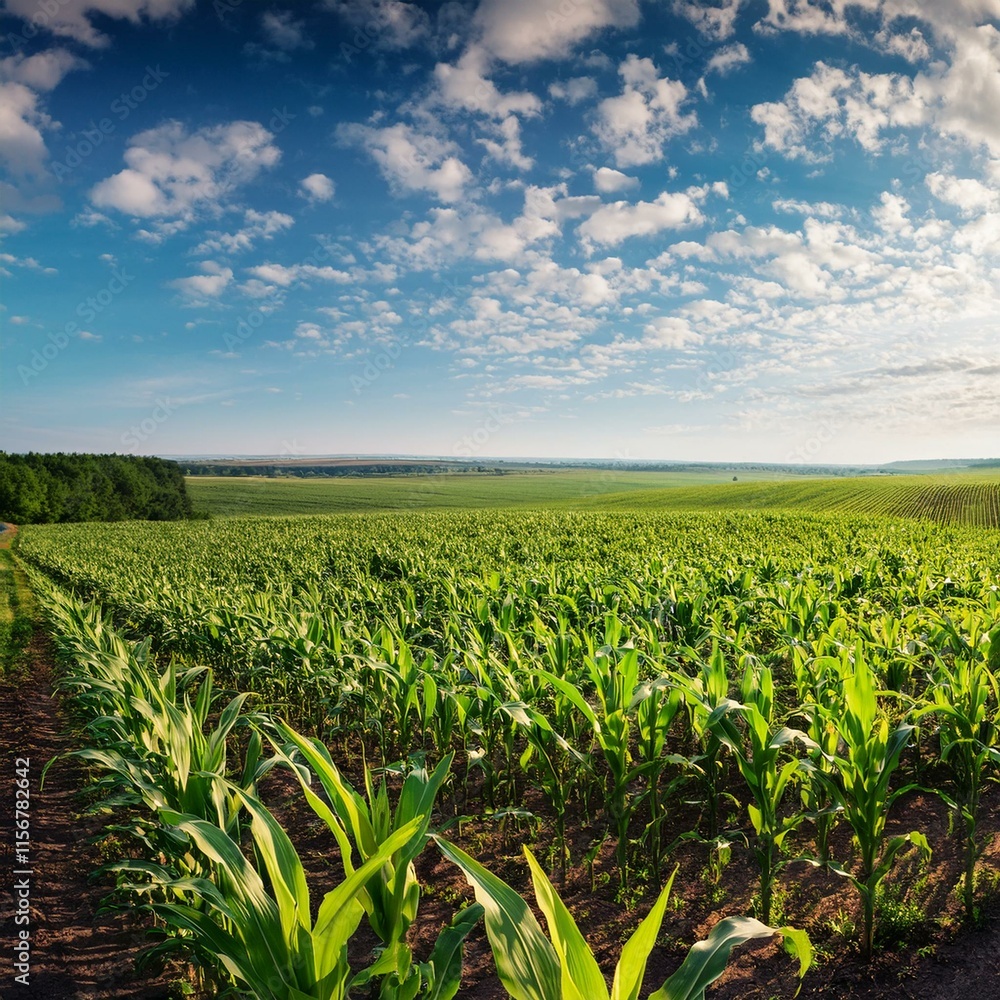 Green corn maize plants on a field. Agricultural landscape Green corn maize plants on a field. Agricultural landscape