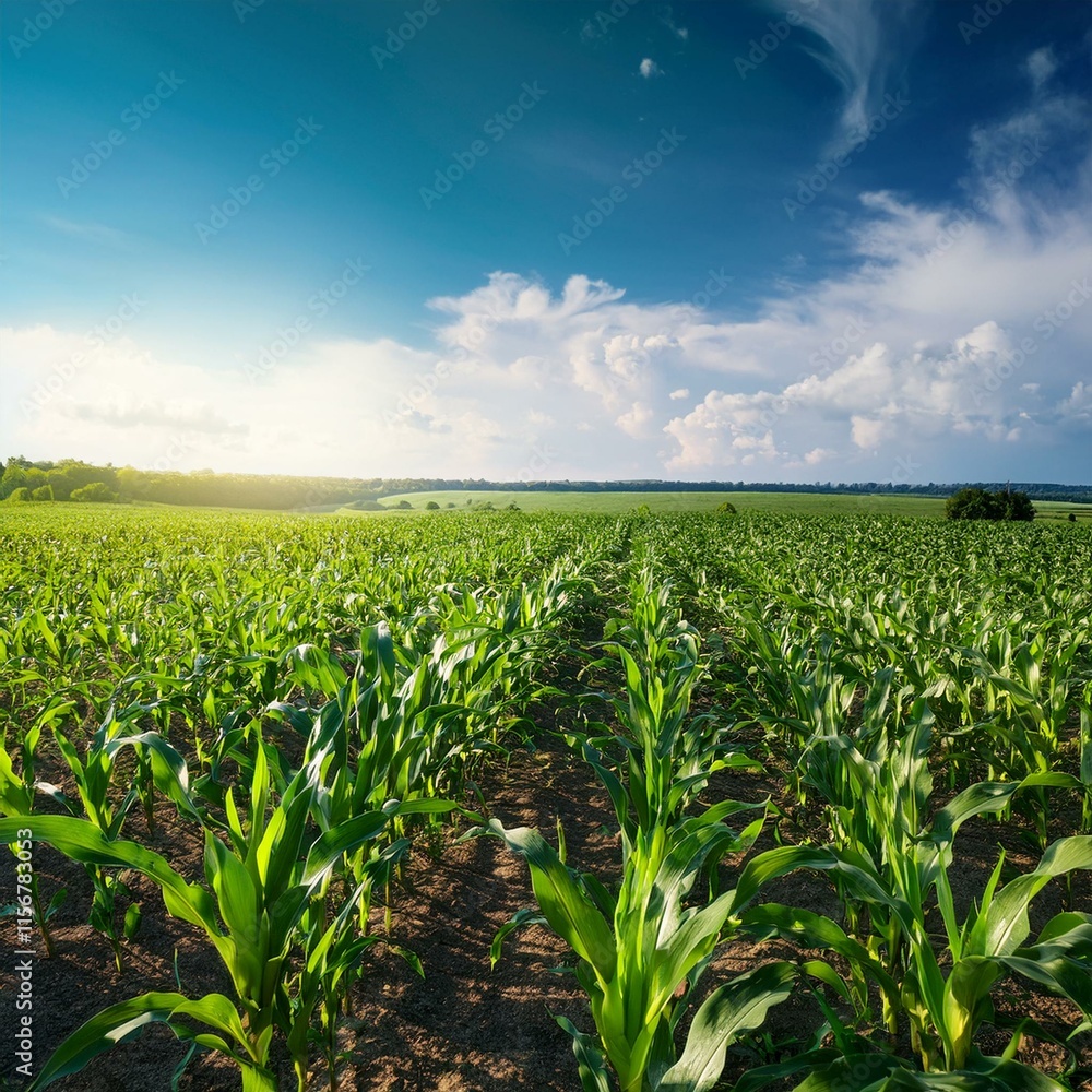 Green corn maize plants on a field. Agricultural landscape Green corn maize plants on a field. Agricultural landscape