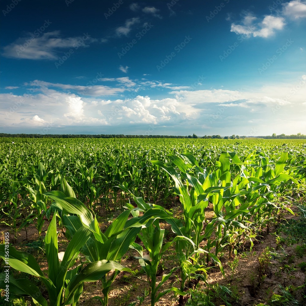 Green corn maize plants on a field. Agricultural landscape Green corn maize plants on a field. Agricultural landscape