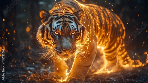 A tiger performing a fire dance in a glowing New Year carnival photo