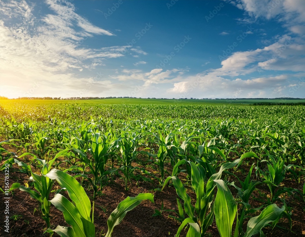 Green corn maize plants on a field. Agricultural landscape Green corn maize plants on a field. Agricultural landscape