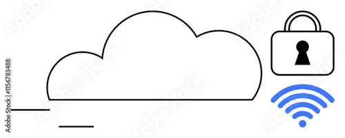 Cloud symbol representing internet storage and service, blue wireless signal icon, secure lock with keyhole image. Ideal for technology, data storage, internet security, wireless networking, IT