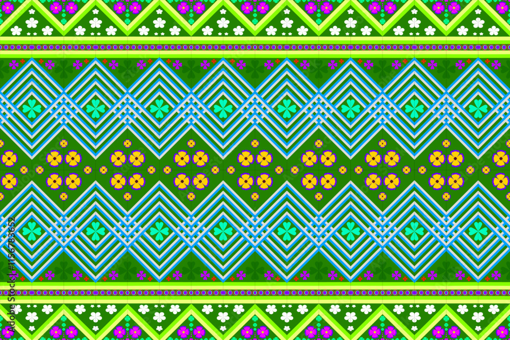 Abstract geometric design of ethnic rugs, fabric, clothing, rugs, vector illustrations, embroidery style, seamless, and wallpaper.