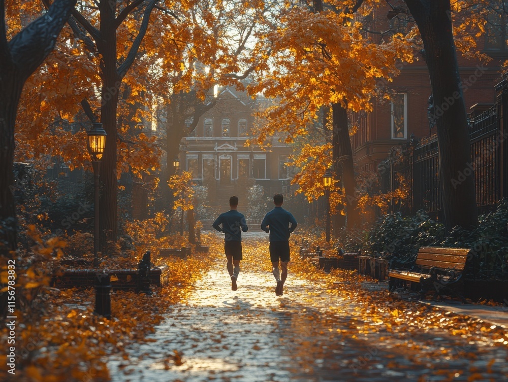 A couple of adults enjoy a morning run through a sunlit path lined with autumn trees. The golden leaves create a serene and picturesque atmosphere. A couple of adults enjoy a morning run through a sunlit path lined with autumn trees. The golden leaves create a serene and picturesque atmosphere.