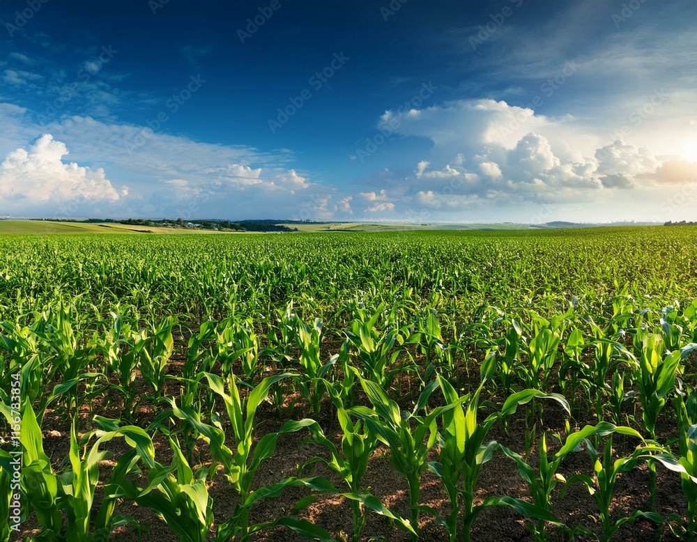Green corn maize plants on a field. Agricultural landscape Green corn maize plants on a field. Agricultural landscape