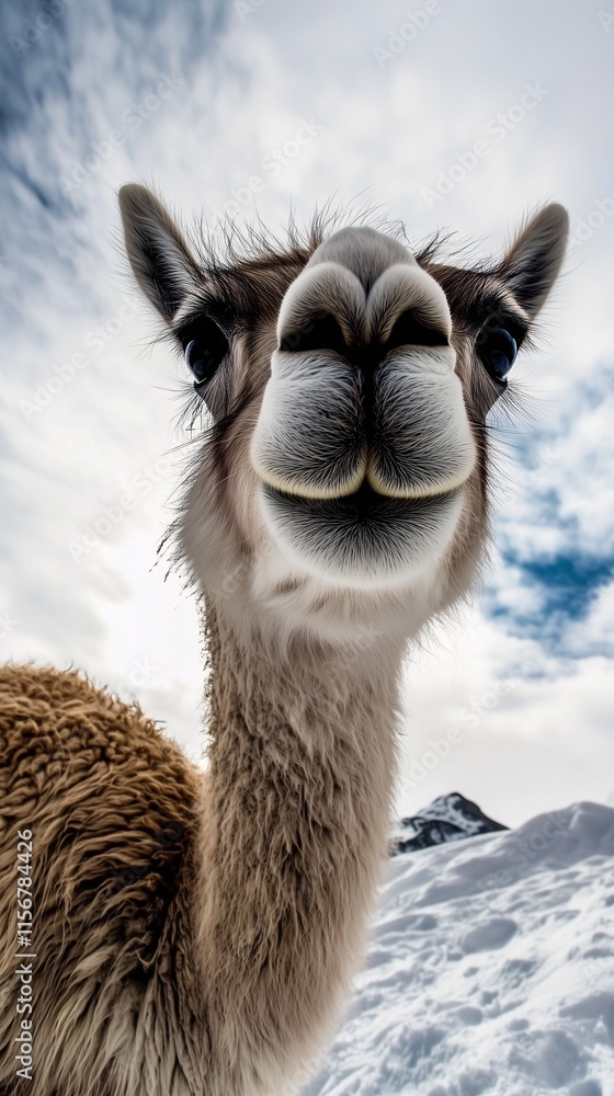 Obraz premium Close-up of a curious llama with snowy mountains and a bright sky in the background.