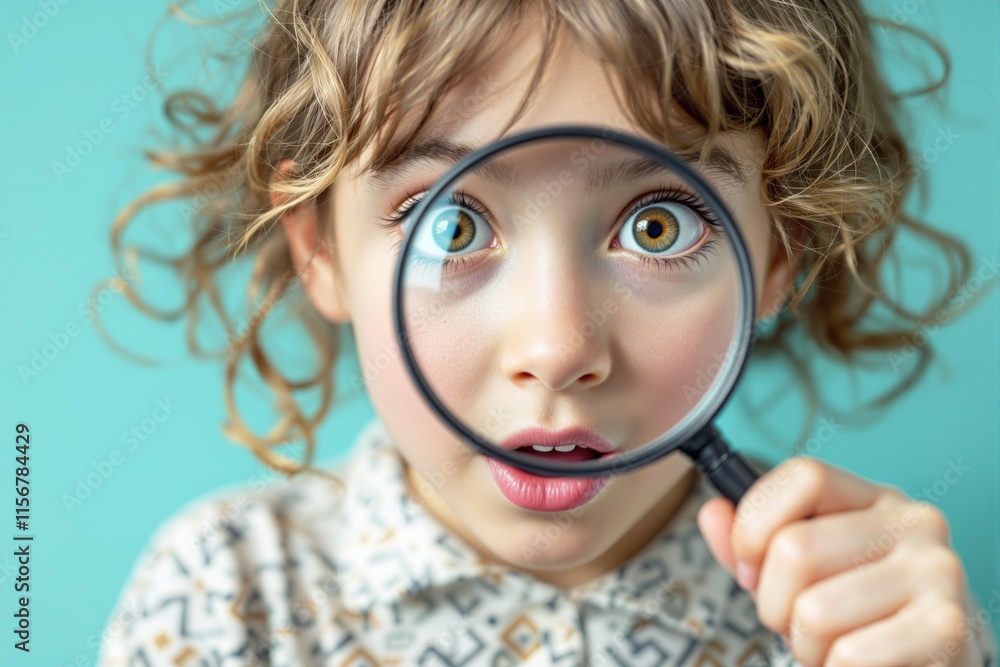 A curious child holding a magnifying glass focusing on one eye, with expressive features and curly hair, against a teal background. Concept of curiosity. Ai generative A curious child holding a magnifying glass focusing on one eye, with expressive features and curly hair, against a teal background. Concept of curiosity. Ai generative