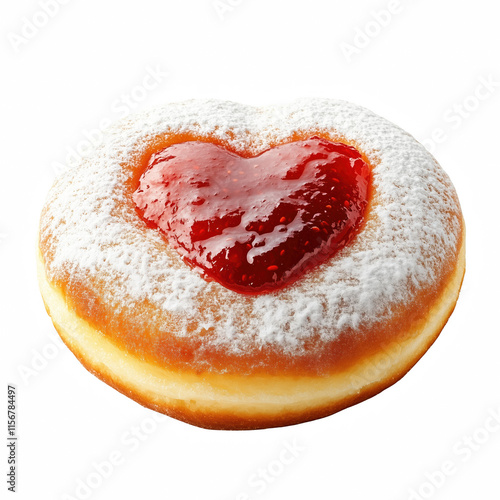 powdered sugar doughnut with heart shaped strawberry jam isolated on transparent background Generative Ai. photo