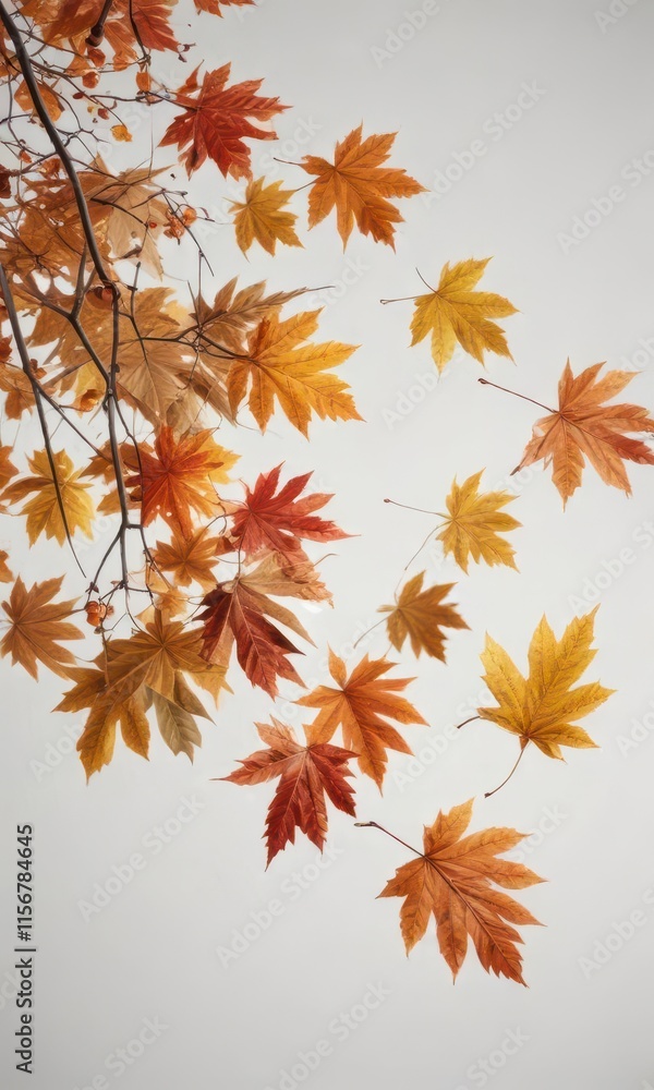 Crisp autumn leaves descend against a pure white background ,  texture,  graphic,  element