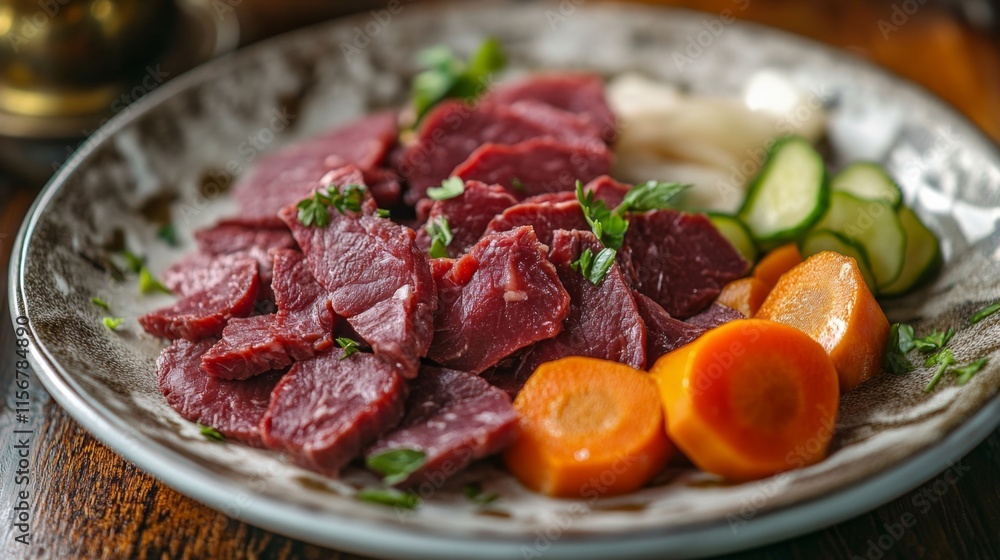 Sliced Meat with Vegetables on a Plate Sliced Meat with Vegetables on a Plate