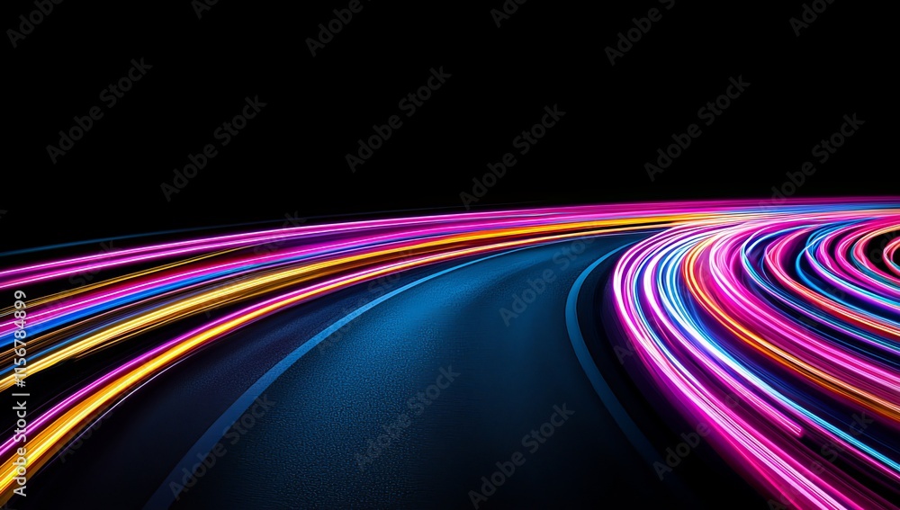 A highway at night is illuminated by colorful light streaks that blur, creating an abstract motion effect. A highway at night is illuminated by colorful light streaks that blur, creating an abstract motion effect.