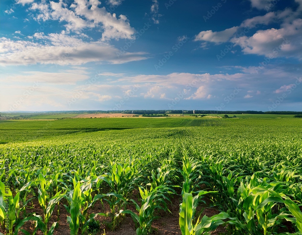 Green corn maize plants on a field. Agricultural landscape Green corn maize plants on a field. Agricultural landscape