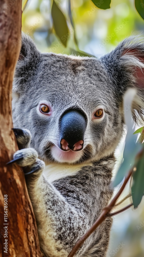 Obraz premium Close-up of a koala gripping a tree, gazing directly at the camera with its expressive eyes.