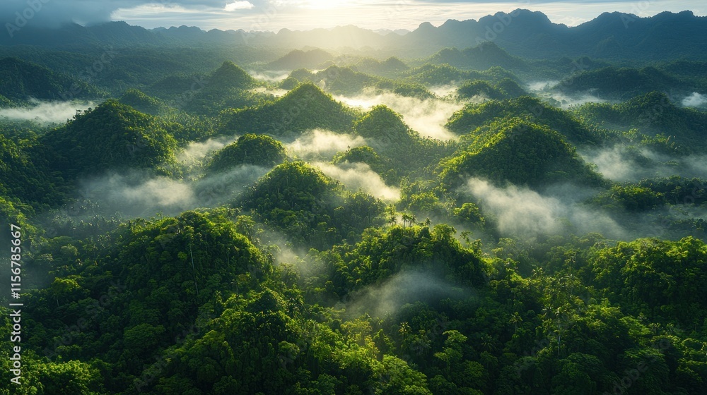 Lush green mountains enveloped in mist during sunrise, showcasing nature's beauty. Lush green mountains enveloped in mist during sunrise, showcasing nature's beauty.