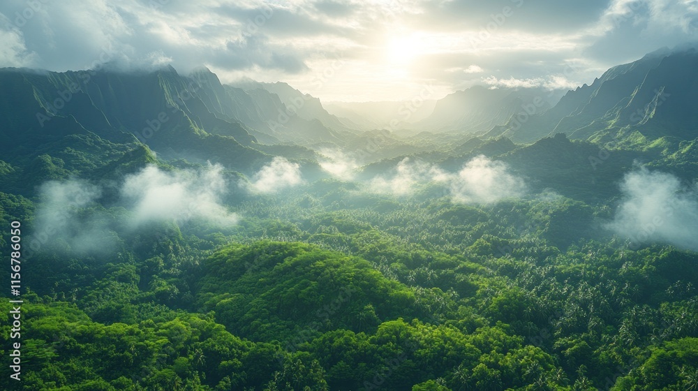 Obraz premium Lush green mountains under a cloudy sky with sunlight breaking through.