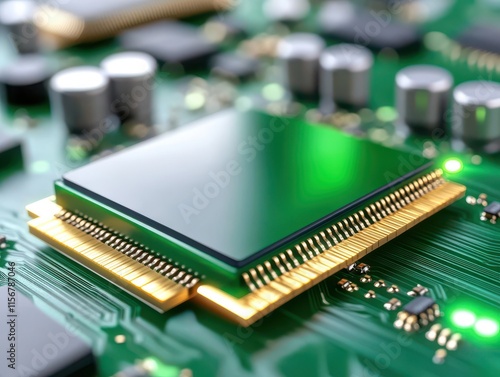 The central processor on the motherboard has a green coating and gold contacts. Details of high-tech equipment. photo