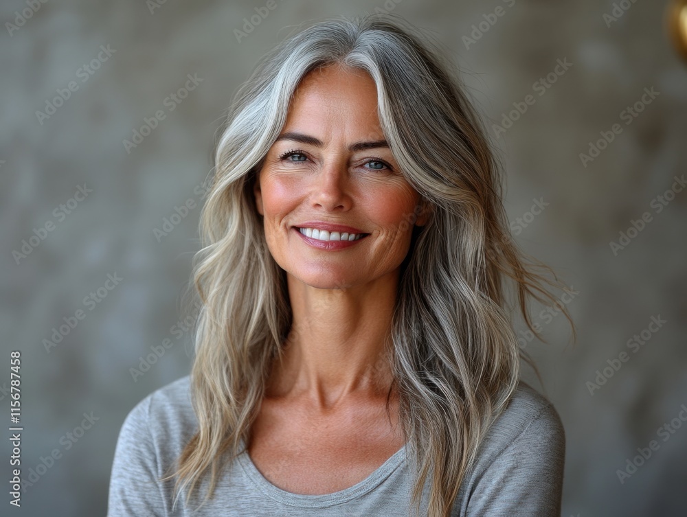 A smiling middle-aged woman with long, wavy gray hair poses in front of a neutral background, exuding confidence and warmth. A smiling middle-aged woman with long, wavy gray hair poses in front of a neutral background, exuding confidence and warmth.