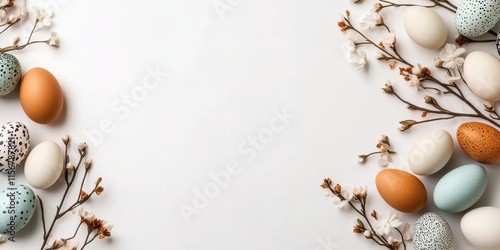 A beautifully arranged display featuring exquisitely decorative Easter eggs along with fresh spring branches, creating a vibrant and serene atmosphere perfect for the joyful Easter celebration ahead