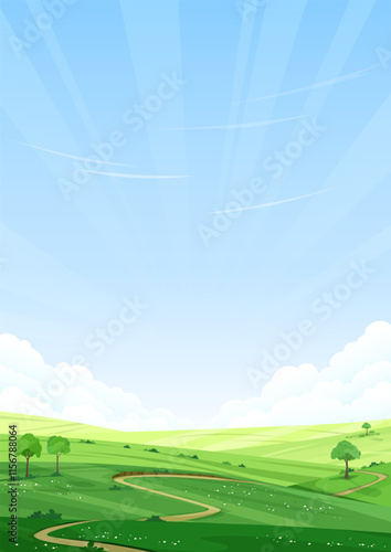 Natural summer landscape in the countryside. Green hills with trees and bushes. A path running through the field. Clear blue sky, sunny day. Vector illustration. 