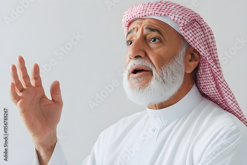 A man with a beard and a white shirt and a red scarf on his head