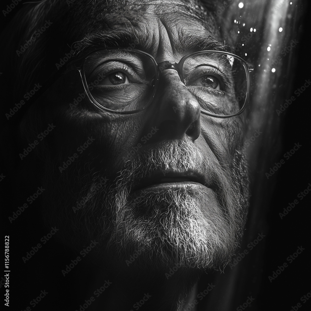 Elderly man gazing thoughtfully in dramatic lighting Elderly man gazing thoughtfully in dramatic lighting