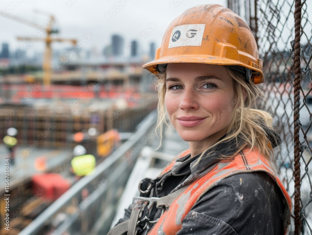 A woman in a hard hat and safety vest smiles on a construction site, with cranes and cityscape in the background. A woman in a hard hat and safety vest smiles on a construction site, with cranes and cityscape in the background.