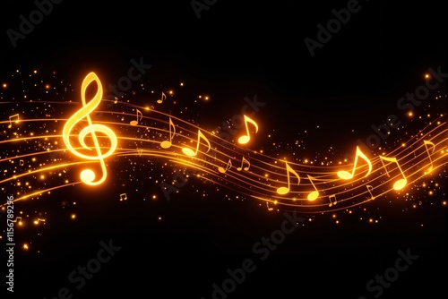Glowing golden music notes and treble clef on a curved staff, sparkling light effects on a dark background. Concept of music and harmony. Ai generative