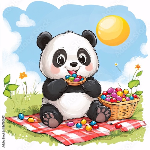 A cartoon panda eating colorful candy on a picnic blanket under the sun photo