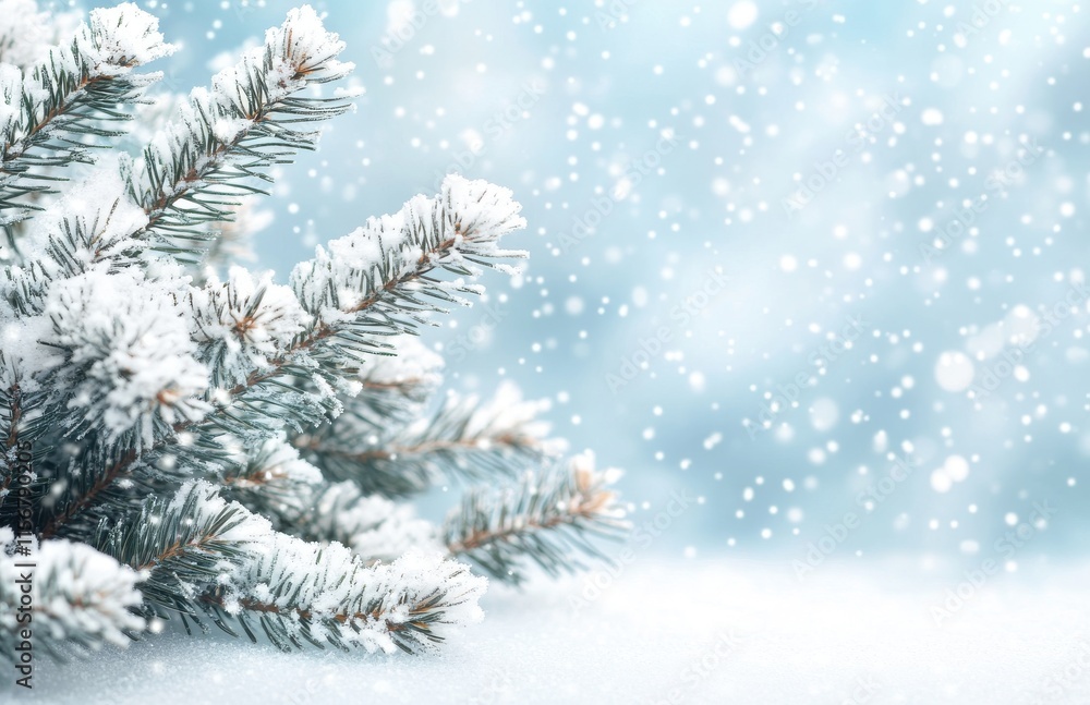 Snow-Covered Pine Branches Against a Soft Blue Background with Flurries and Bokeh Effect Creating a Magical Winter Wonderland Atmosphere Snow-Covered Pine Branches Against a Soft Blue Background with Flurries and Bokeh Effect Creating a Magical Winter Wonderland Atmosphere