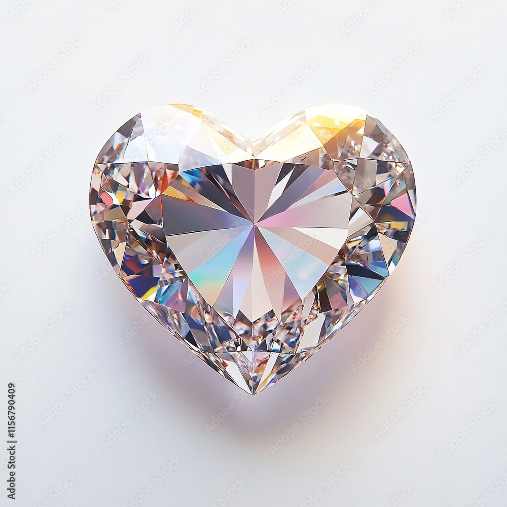 Fototapeta premium Heart-Shaped Diamond with Rainbow Highlights on White Background