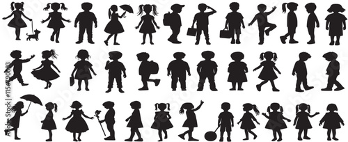 silhouette children, play, dance, jump set vector