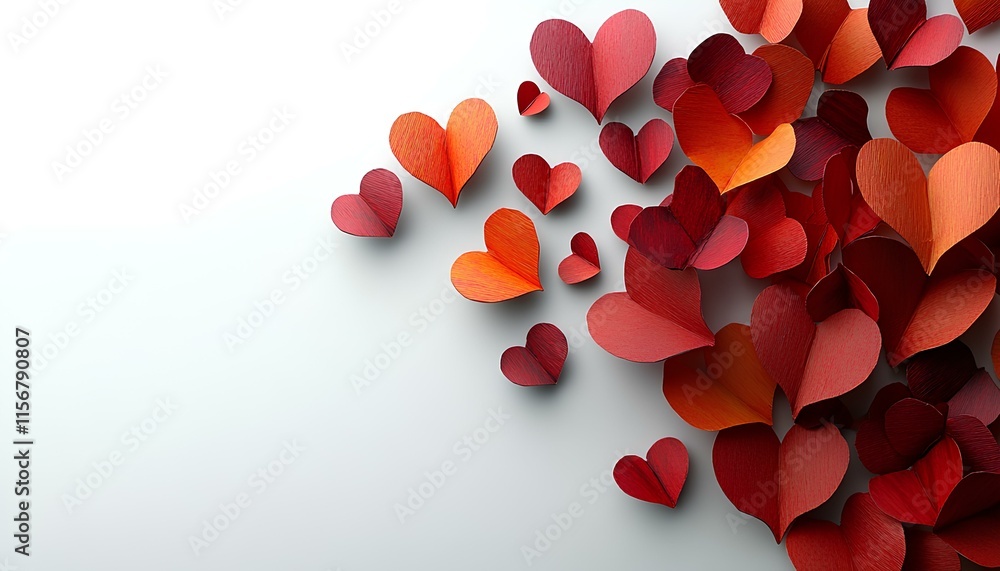 Valenrine's Day background with red paper hearts in the corner of white background. Cut out paper hearts on white background top view. Valentine's Day layout flat lay with paper hearts Valenrine's Day background with red paper hearts in the corner of white background. Cut out paper hearts on white background top view. Valentine's Day layout flat lay with paper hearts
