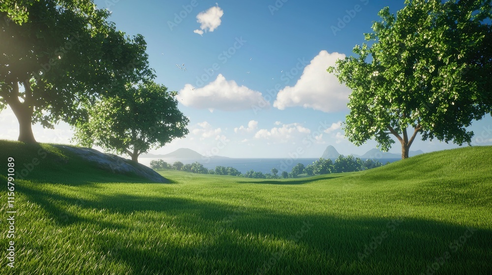Obraz premium Lush green field with large trees, hills, and a distant ocean under a sunny sky.