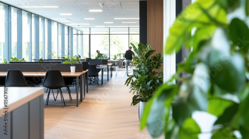 Modern office interior with natural light, plants, and desks.