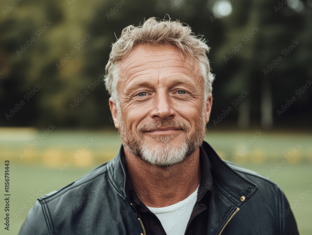 A close-up photo of a mature man with a confident smile, wearing a leather jacket. The background is softly blurred, suggesting an outdoor setting. A close-up photo of a mature man with a confident smile, wearing a leather jacket. The background is softly blurred, suggesting an outdoor setting.
