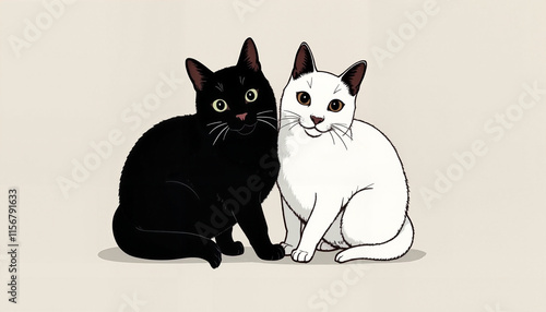 Charming illustration of a black and white cat duo sitting together, playful and adorable pet art photo