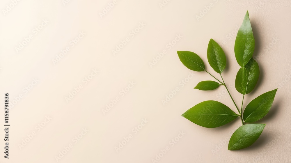 Lush green leaves branch on beige background. Lush green leaves branch on beige background.
