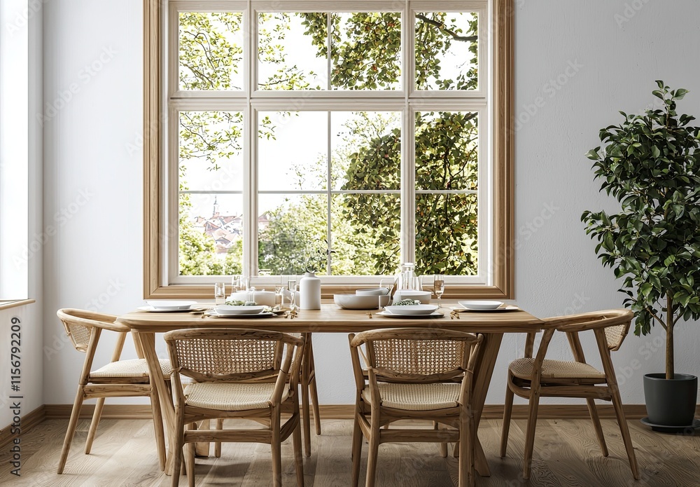 A simple dining room interior with a wooden table and chairs, a mock-up wall background, and a minimalistic style, with empty space for design or decoration elements A simple dining room interior with a wooden table and chairs, a mock-up wall background, and a minimalistic style, with empty space for design or decoration elements