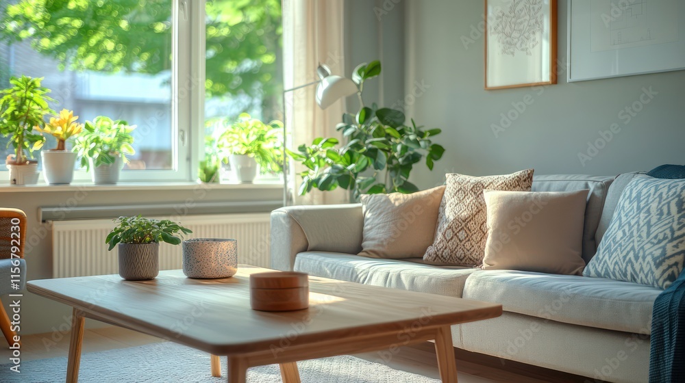 A Scandinavian living room with a natural wood coffee table, muted color upholstery, and soft natural light A Scandinavian living room with a natural wood coffee table, muted color upholstery, and soft natural light