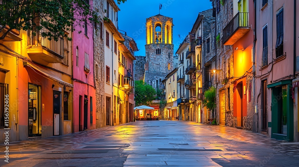 Vibrant Evening Photo: Charmingly Lit Medieval Street Scene. AI Generated Vibrant Evening Photo: Charmingly Lit Medieval Street Scene. AI Generated