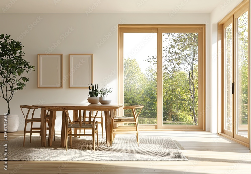 Fototapeta premium A simple dining room interior with a wooden table and chairs, a mock-up wall background, and a minimalistic style, with empty space for design or decoration elements