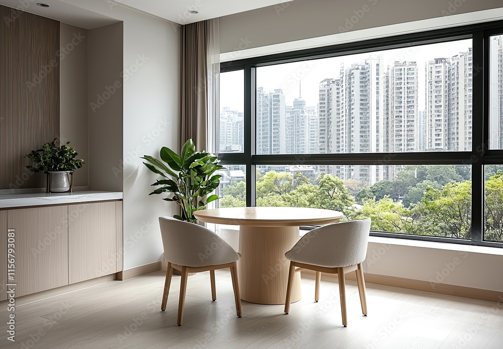 Fototapeta premium A simple dining room interior with a wooden table and chairs, a mock-up wall background, and a minimalistic style, with empty space for design or decoration elements