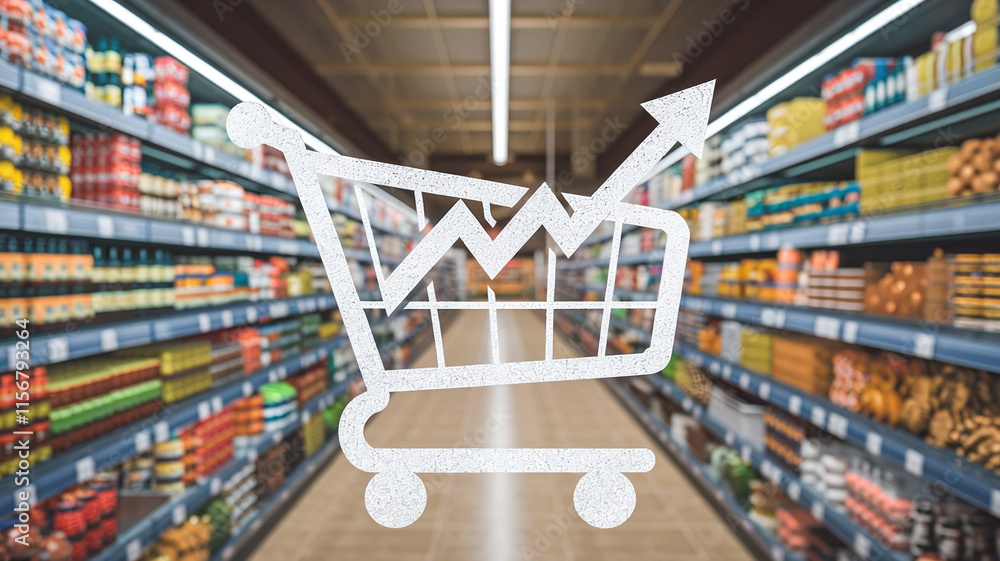 Illustration of a shopping cart silhouette with a rising graph overlay, symbolizing increasing grocery prices, emphasizing inflation trends. Illustration of a shopping cart silhouette with a rising graph overlay, symbolizing increasing grocery prices, emphasizing inflation trends.