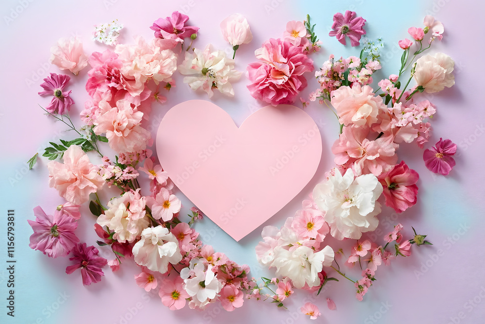Creative layout with pink flowers, paper heart over punchy pastel background. Top view, flat lay. Spring, summer or garden concept. Present for Woman day Creative layout with pink flowers, paper heart over punchy pastel background. Top view, flat lay. Spring, summer or garden concept. Present for Woman day